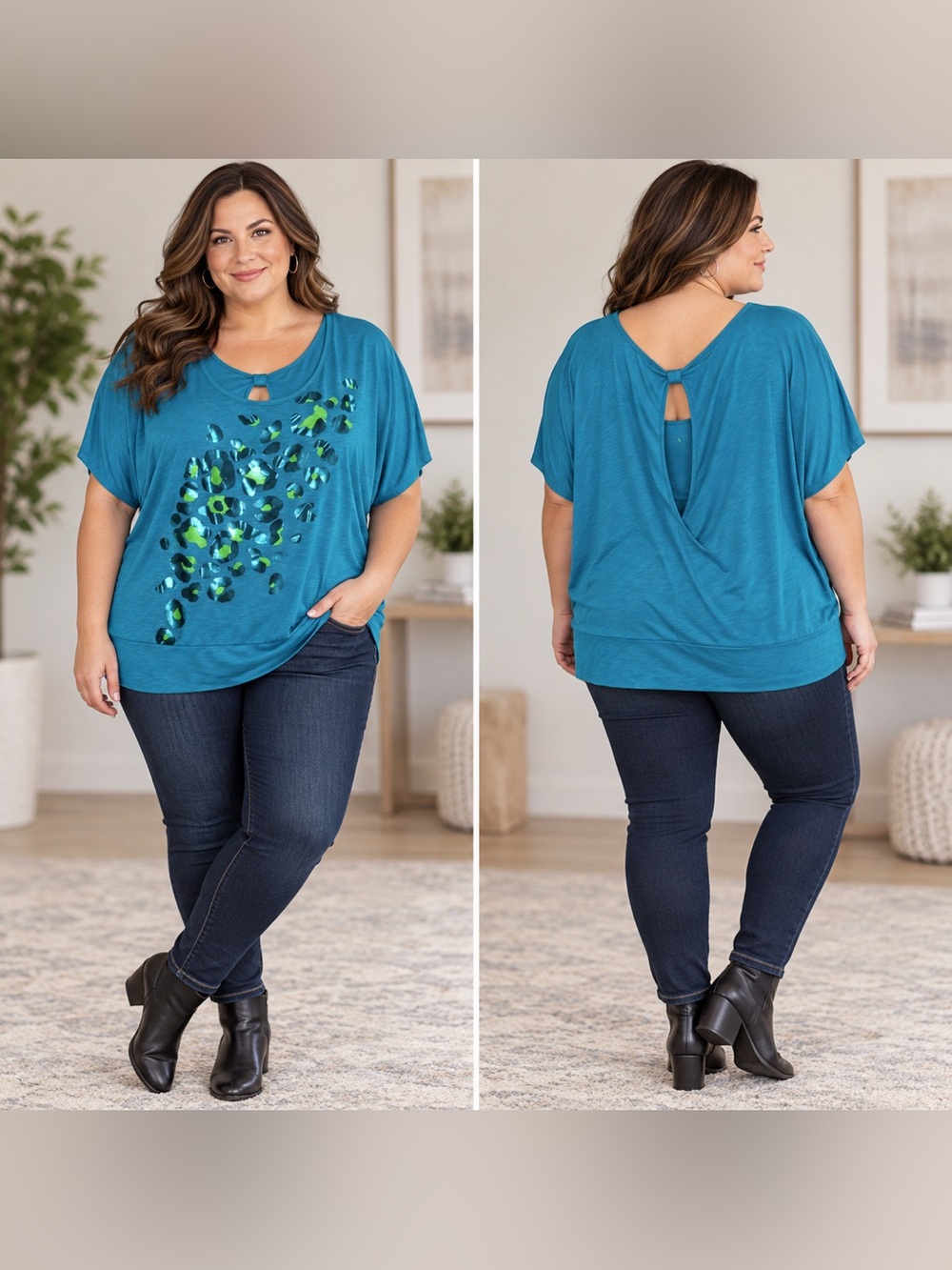 Dots 3X Teal Metallic Leopard Print Dolman Open Back Top Plus Size